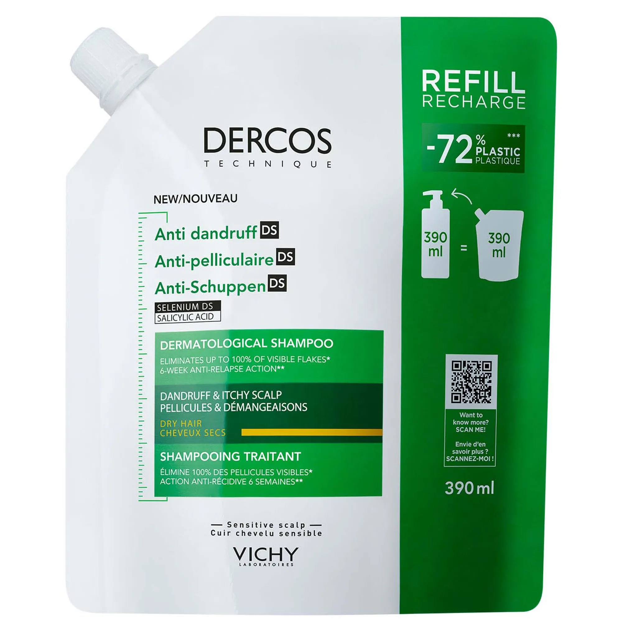 Vichy Dercos Anti-Dandruff Dermatological Shampoo for Dry Hair Refill 390ml