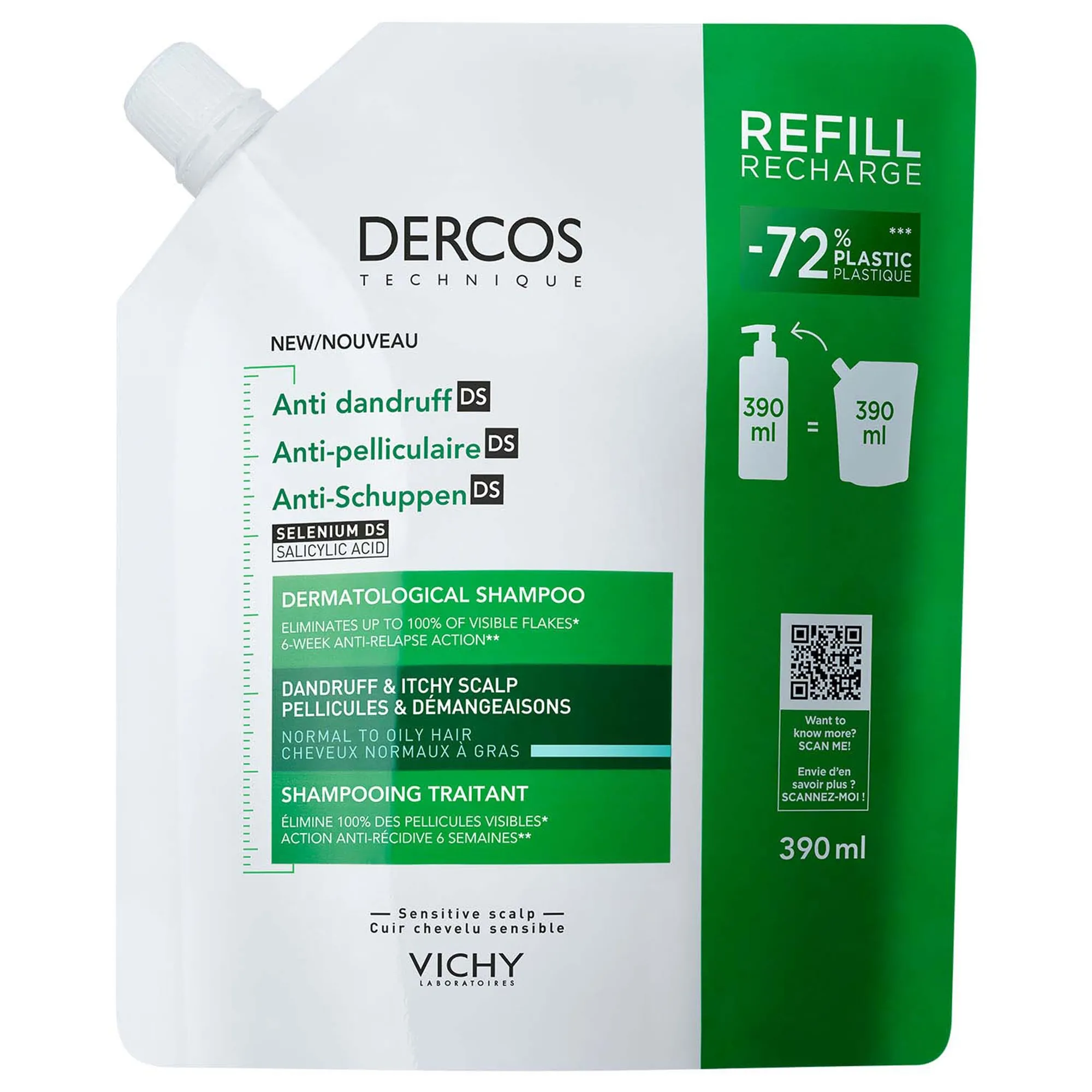 Vichy Dercos Anti-Dandruff Dermatological Shampoo for Normal to Oily Hair 390ml Refill