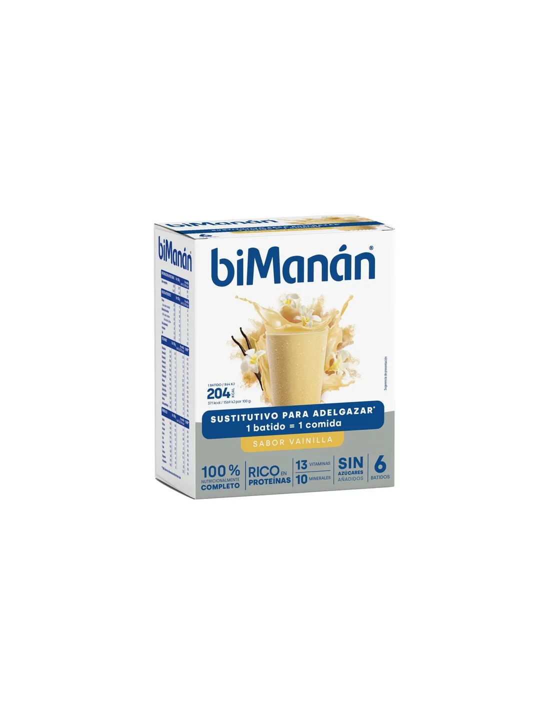 biManán Batido Sustitutivo de Vainilla 6 Batidos Sabor Cremoso para Control de Peso y Dieta Equilibrada