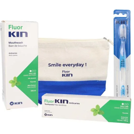 Fluor Kin Kit anticaries enjuague, pasta, cepillo y neceser