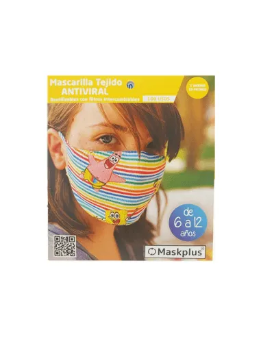MASKPLUS MASCARILLA INFANTIL REUTILIZABLE  BOB ESPONJA 6 A 12 AÑOS 1 UNIDAD + 10 FILTROS