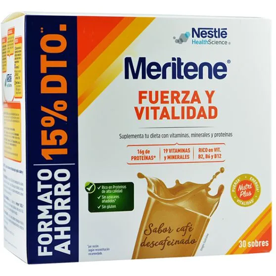Meritene Fuerza y Vitalidad Sabor Café Descafeinado 30 Sobres Formato Ahorro