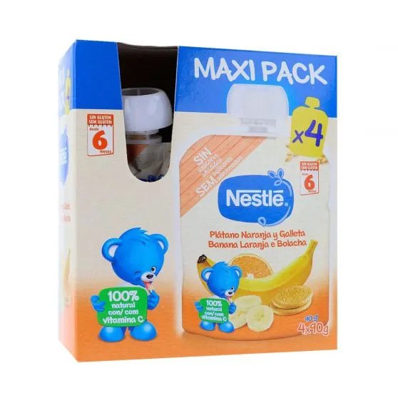 Nestlé Puré Bolsita Plátano Naranja y Galleta 4x90 gr
